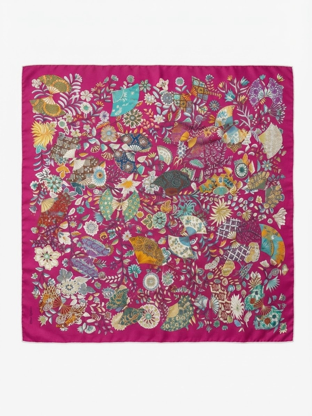 HERMES
Silk Fleurs et Papillons de Tissus Scarf 90 Fuchsia Turquoise Creme